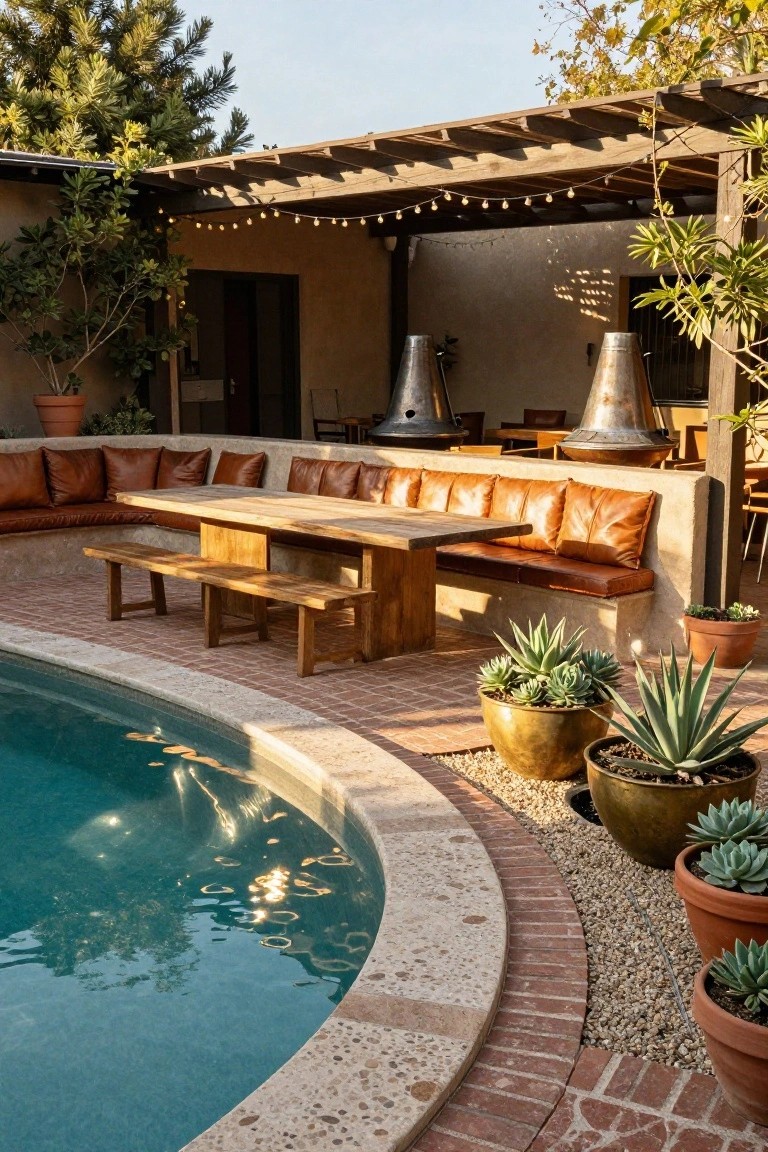 Wooden dining table and benches with tan leather cushions built into a beige stucco wall under a wooden pergola with string lights, next to a curved turquoise pool edged in brick and surrounded by potted succulents.