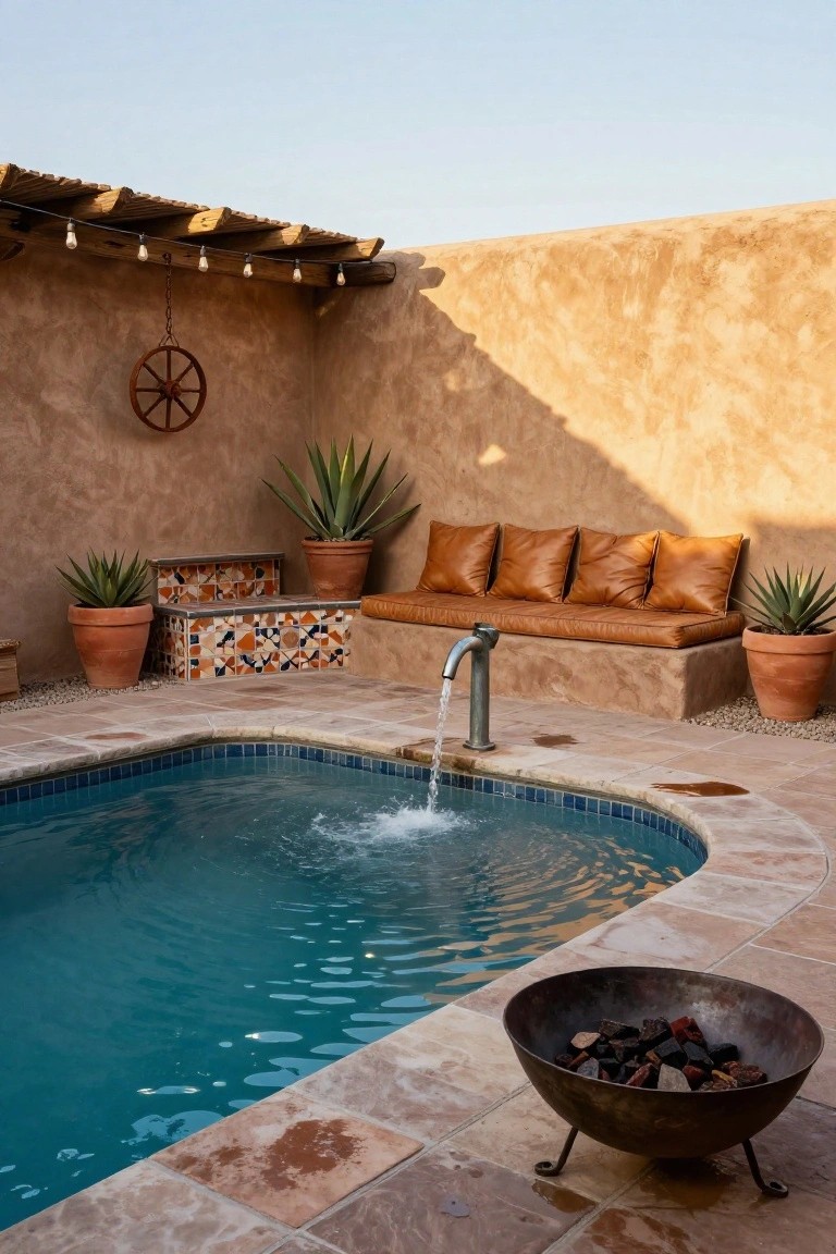 Small turquoise pool in an adobe-walled courtyard with built-in tiled bench topped by tan leather cushions, potted agave plants, metal fountain spilling into the pool, hanging string lights, wooden ship's wheel on wall, and metal fire bowl with rocks.