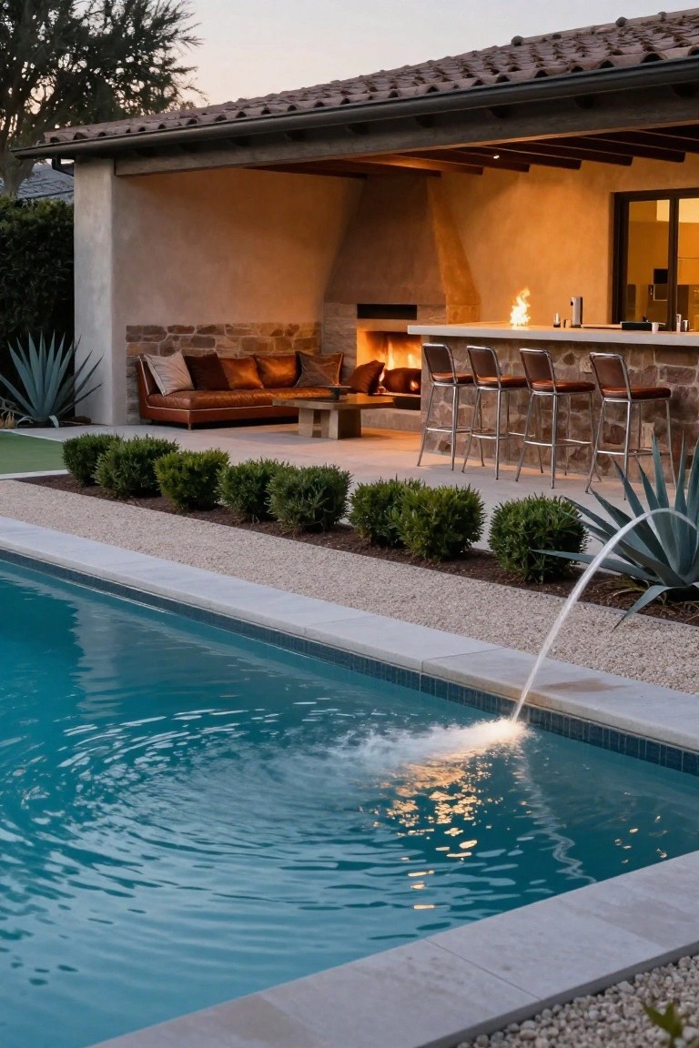 Covered outdoor patio with lit stone fireplace, leather sofa and low table, wooden bar with stools, adjacent turquoise pool with gravel edging and agave plants.