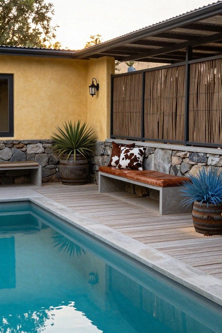 Concrete bench with brown leather cushion and black-and-white cowhide pillows along the edge of a turquoise pool, with potted agave plants, stone wall, yellow stucco house corner, and bamboo privacy screen.