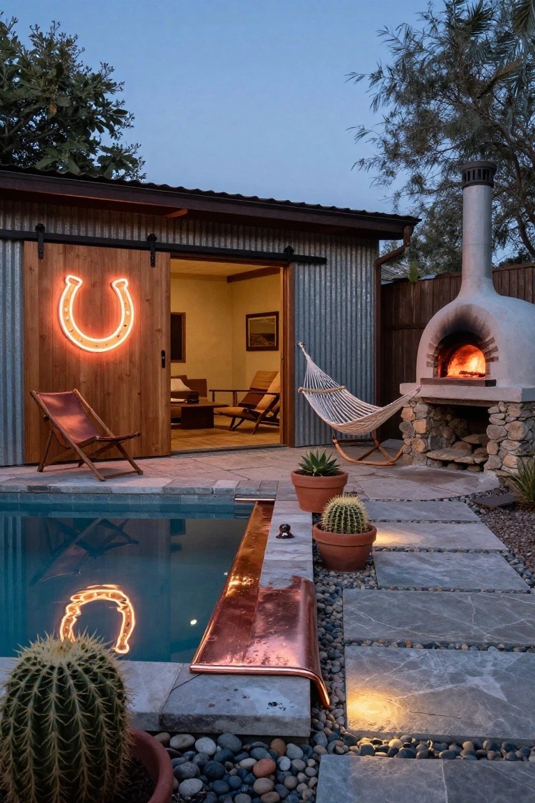 Outdoor patio with pool, glowing horseshoe signs, hammock, and stone fireplace at dusk.