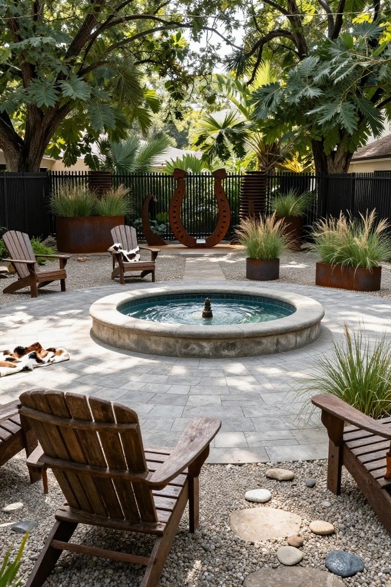 Outdoor courtyard with a circular turquoise fountain pool at center, surrounded by wooden Adirondack chairs with cowhide throws, rusted metal horseshoe sculpture, corten steel planters with grasses, black metal fence, and tropical trees providing shade.