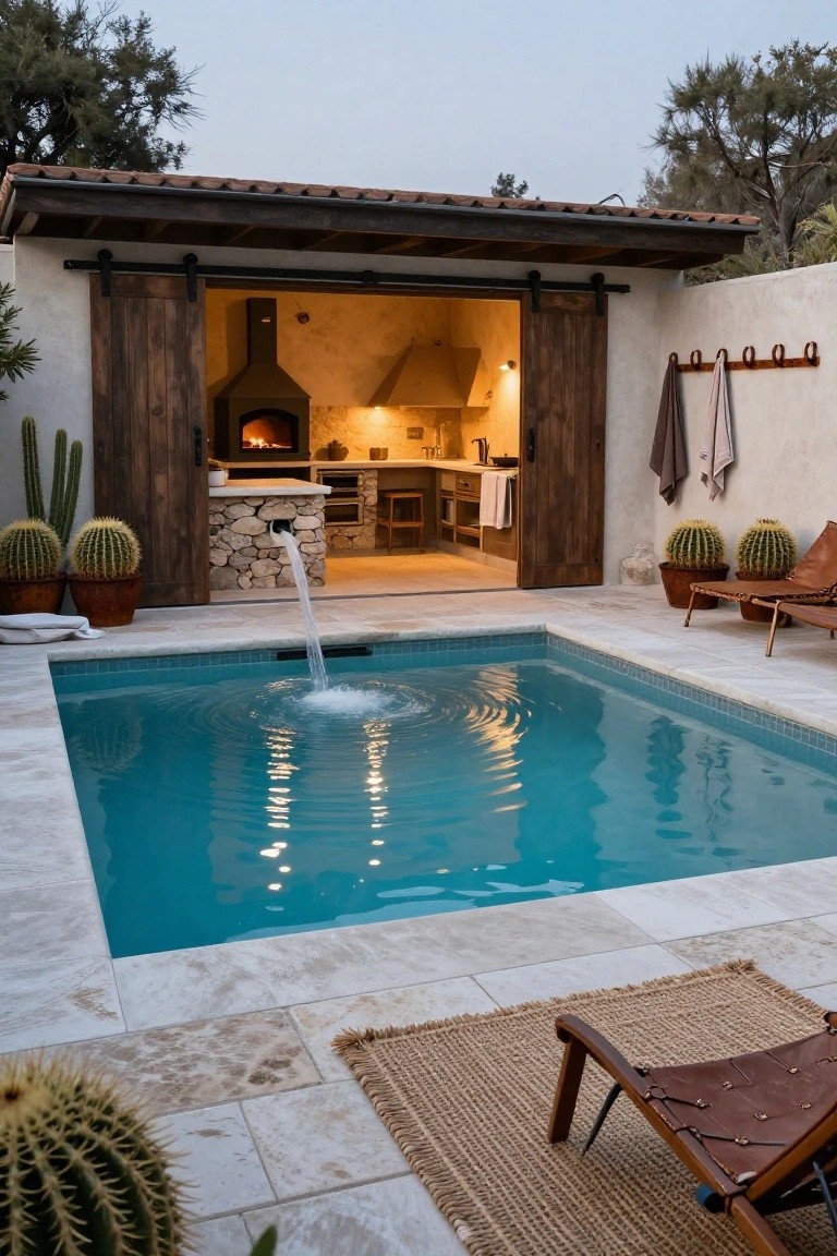 Small turquoise plunge pool with stone water feature adjacent to open rustic outdoor kitchen featuring wood-fired pizza oven behind wooden barn doors, cacti plants, towels on hooks, and lounge chairs on tiled patio.