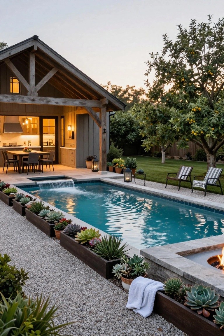 Narrow turquoise lap pool with waterfall at one end and fire pit at the other end, lined with wooden planters containing succulents, adjacent to a rustic gray wood-beamed pool house featuring an open kitchen and dining area, lounge chairs on gravel path, orange trees, and backyard lawn at dusk.