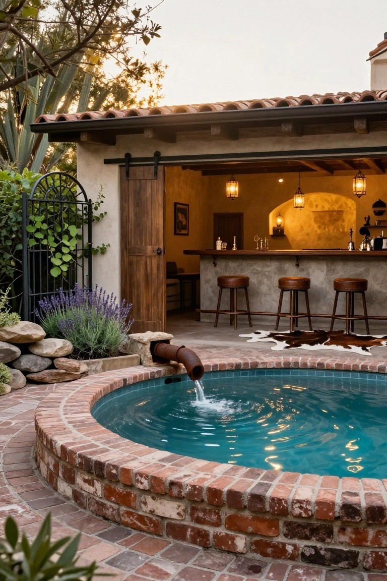 Outdoor open-air bar with concrete counter, leather bar stools, and cowhide rug overlooking a circular turquoise pool fed by a large rusty metal pipe fountain, brick paving, plants, and warm lantern lighting.