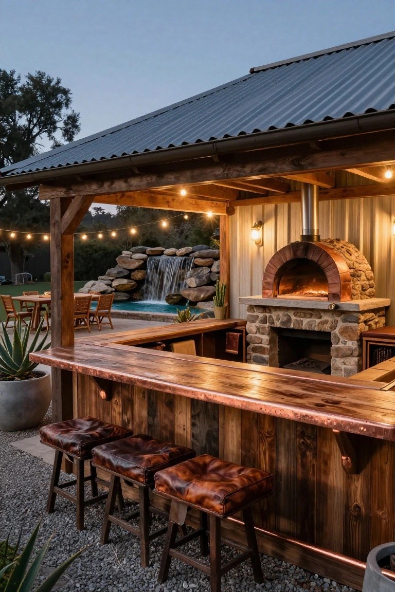 Outdoor pavilion with wooden bar featuring copper countertop, leather barstools, stone pizza oven, and fireplace, adjacent to pool with rock waterfall and string lights.