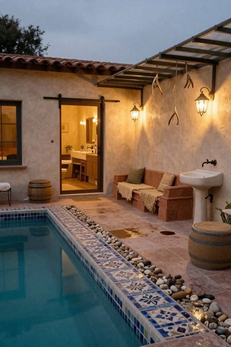 Outdoor pool with blue and white tiled edges lined with pebbles, adjacent rustic terracotta block bench with cushions and throws, outdoor sink, open door to bathroom, wall lanterns, and antler decorations under a metal pergola on stucco walls at dusk.