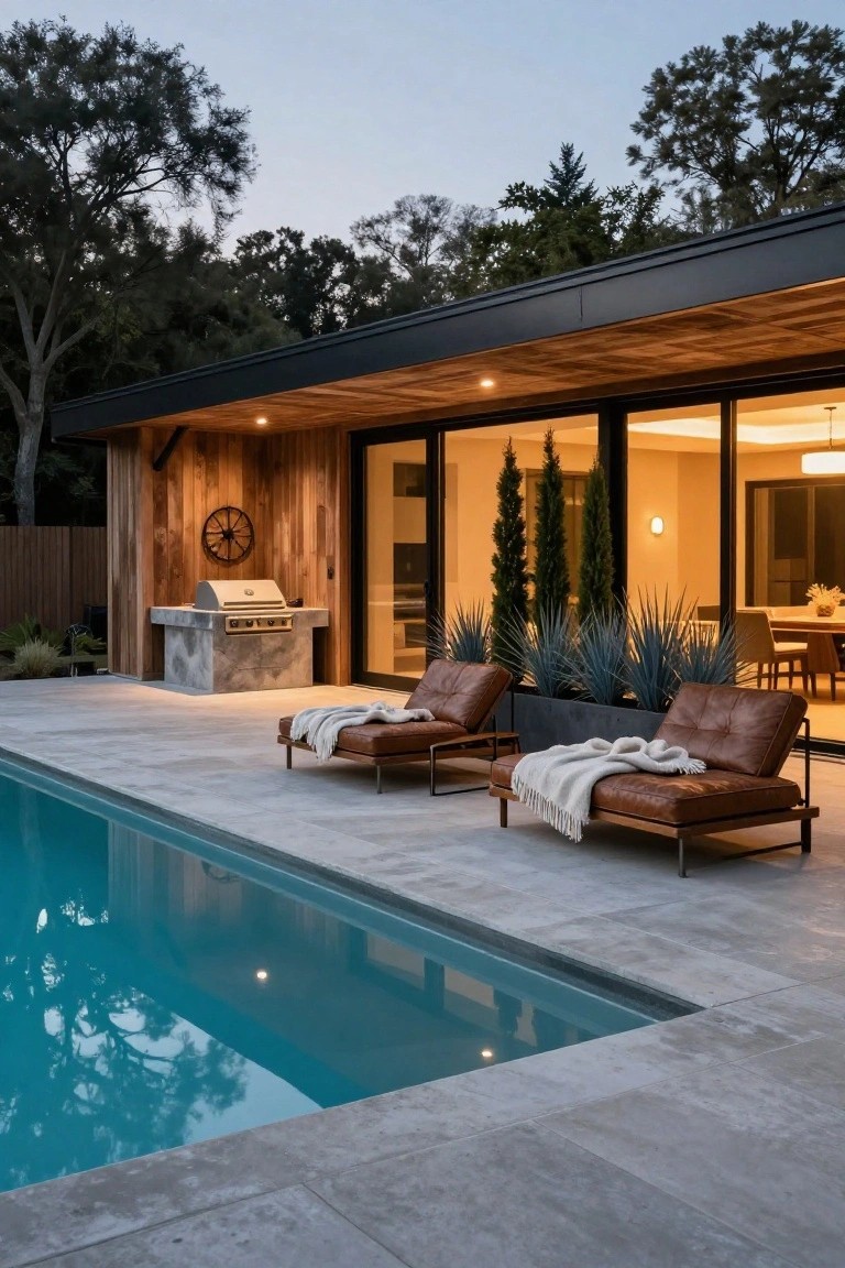 Wooden-clad outdoor pavilion with built-in stone BBQ grill and wagon wheel decor beside glass house doors, leather loungers with throws on deck next to turquoise pool at dusk surrounded by trees and potted agaves.