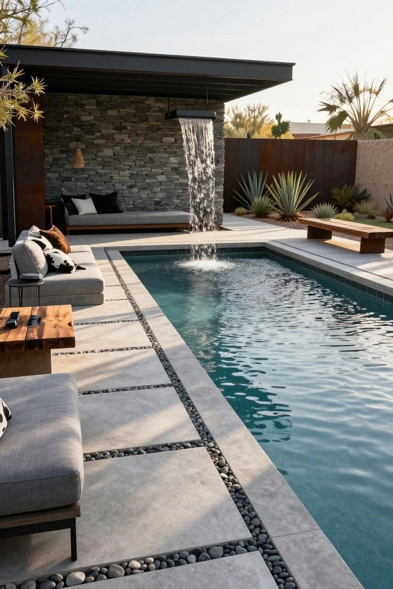 Backyard pool with gray stone wall waterfall cascading into turquoise water, adjacent gray lounge seating and wooden tables on pebble-inset tile decking surrounded by desert plants and corten steel fencing.