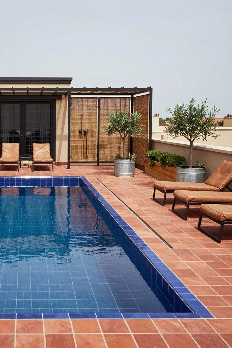 Rooftop terrace with rectangular blue-tiled pool edged in terracotta pavers, tan leather lounge chairs, galvanized metal planters holding olive trees, and a pergola with bamboo screens.