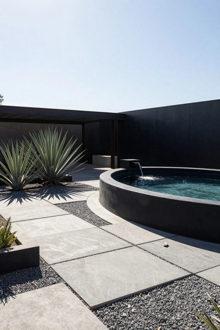 Circular pool with black concrete rim and small fountain feature on a terrace of gray pavers, gravel strips, and agave plants next to dark walls and a covered structure.