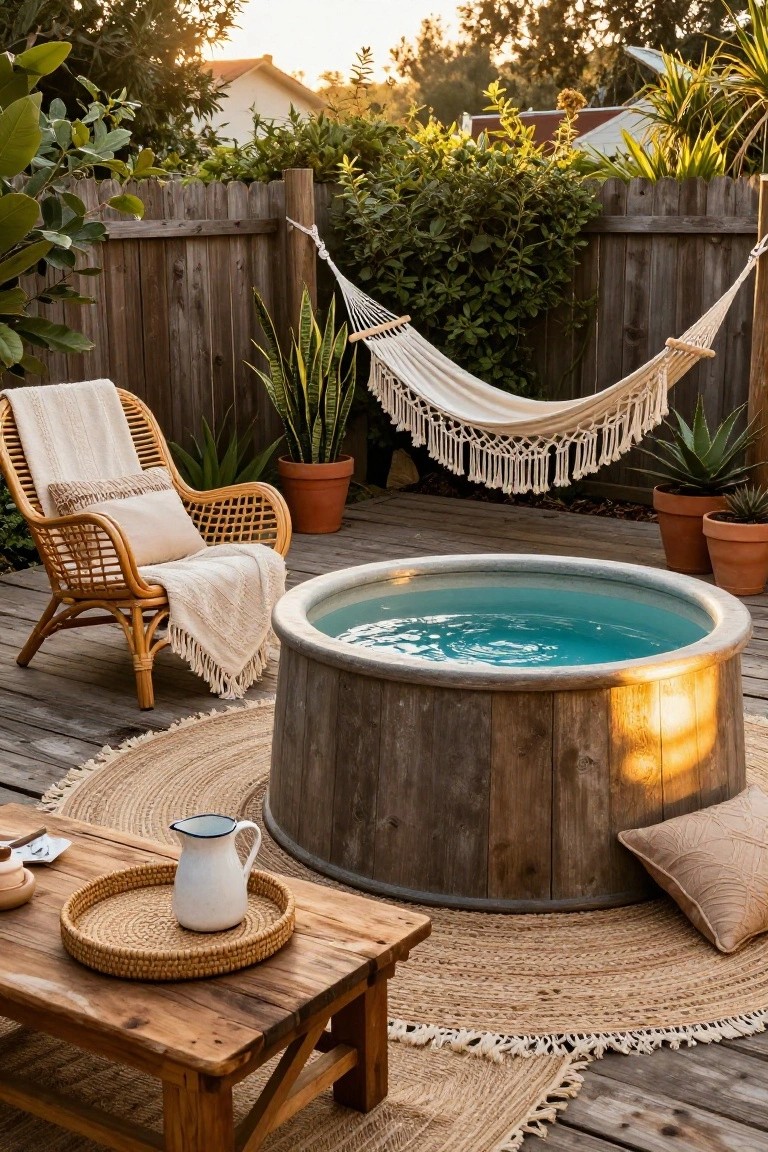 Wooden stock tank pool on a deck in a backyard with hanging hammock, rattan lounge chair with blankets, potted plants, side table with pitcher, and beige rug at sunset.