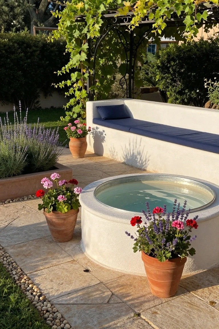 Round above-ground stock tank pool with light blue water on a stone patio, adjacent to a white built-in bench with blue cushion, surrounded by potted lavender and geranium plants, with grapevine pergola and greenery in the background.