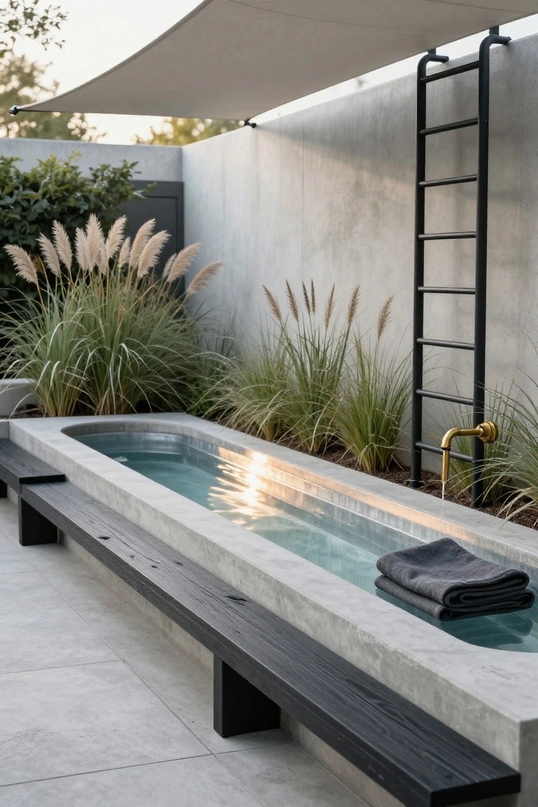 A narrow rectangular stock tank pool embedded in a gray concrete platform in an outdoor courtyard, with dark wood benches along one side, pampas grass plantings around it, a brass wall faucet, black metal ladder on a concrete wall, and beige shade sail overhead.