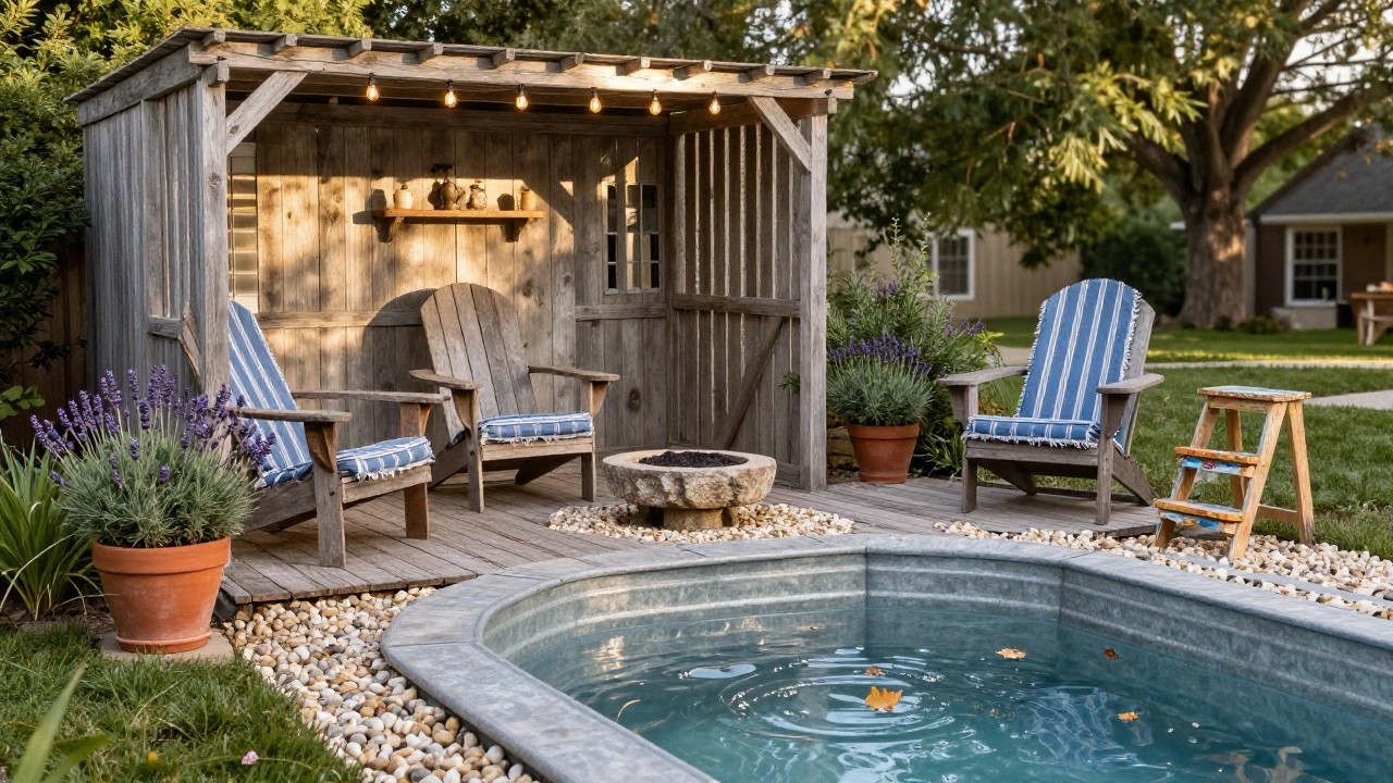 Galvanized stock tank pool on a wooden deck under a rustic pergola strung with lights, with two blue-cushioned Adirondack chairs, potted lavender plants, a wooden stool, and stone path in a backyard garden.