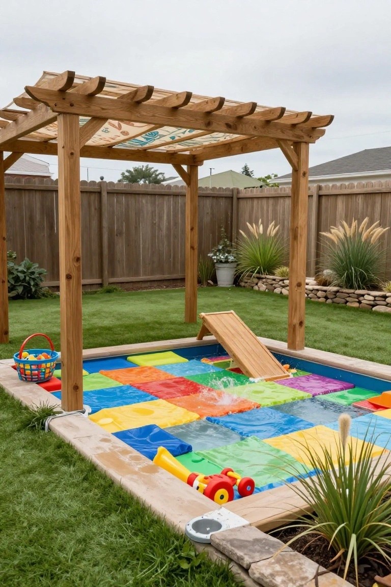 Backyard stock tank pool lined with colorful interlocking foam mats in various shapes and colors, featuring a wooden slide, pool toys, and a basket of balls nearby, set in grass under a wooden pergola with surrounding plants and fence.