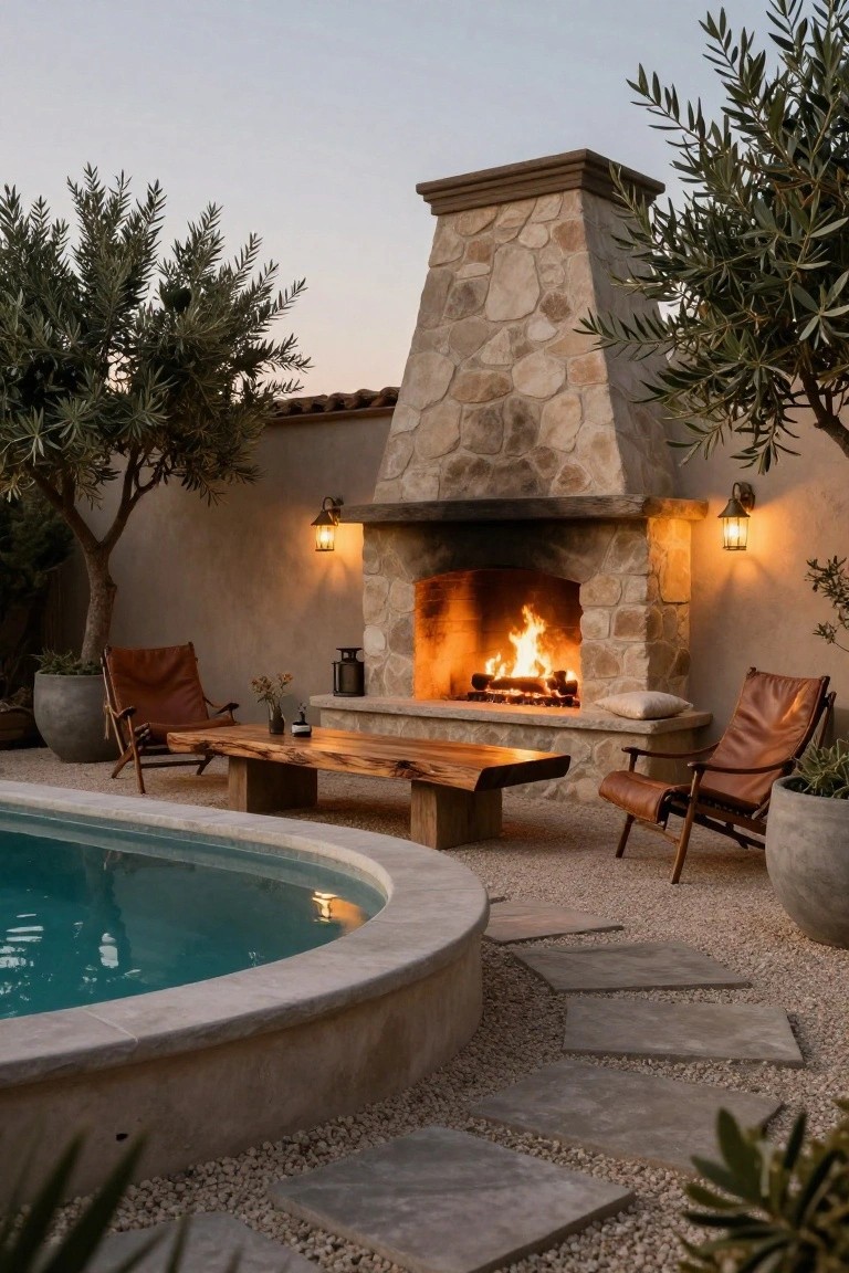 Curved turquoise pool in a backyard with adjacent tall stone outdoor fireplace burning wood, wooden table, two brown leather chairs, potted plants, olive trees, lanterns, and gravel patio.