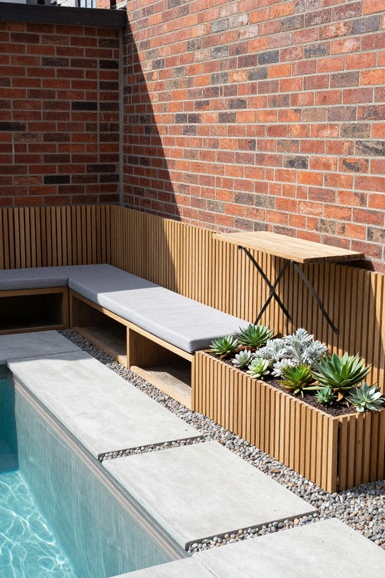 L-shaped wooden bench with gray cushions built along a pool edge, featuring slatted wood screens, succulent-filled planters, concrete decking, and pebble details next to a turquoise pool.