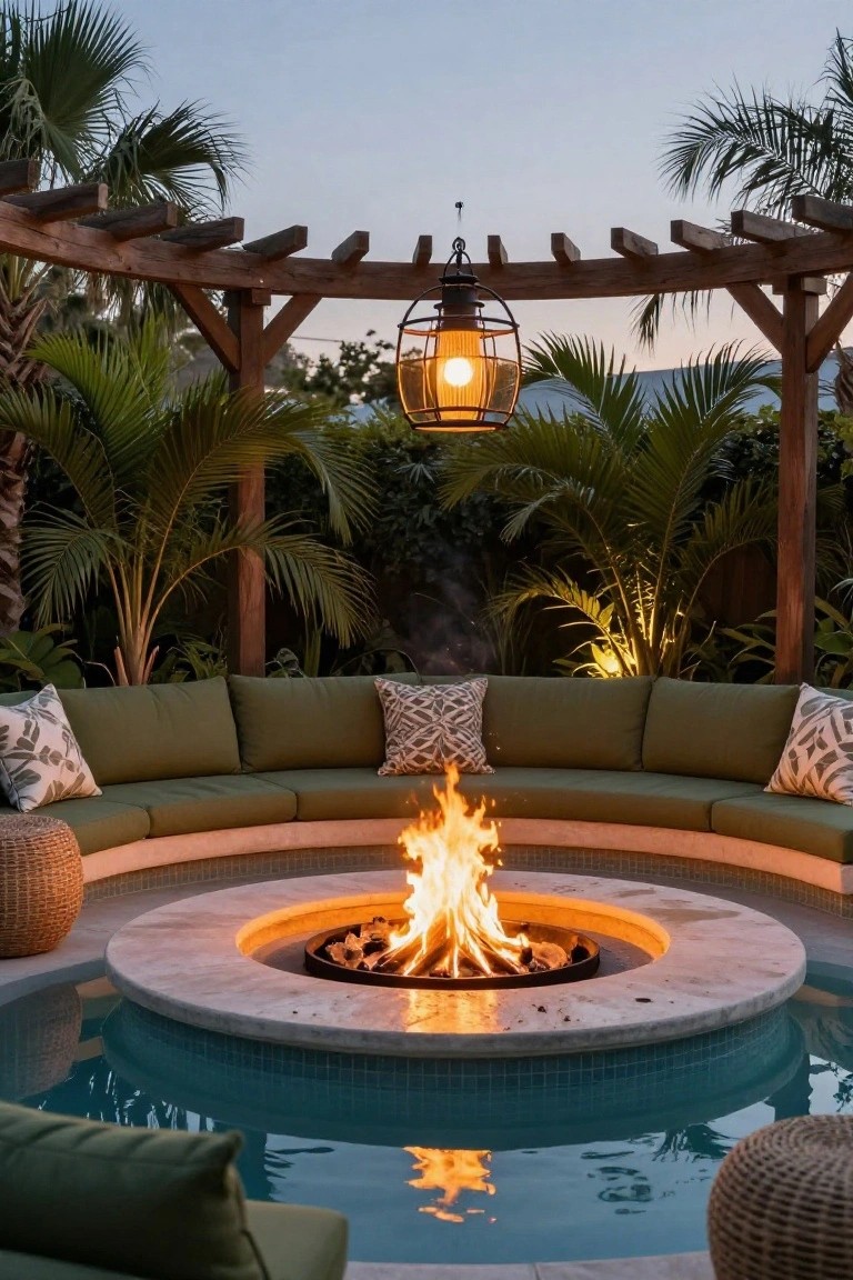 Curved green cushioned bench seating surrounds a circular stone fire pit built into the edge of a turquoise tiled pool, under a wooden pergola with a hanging lantern and tropical plants nearby.