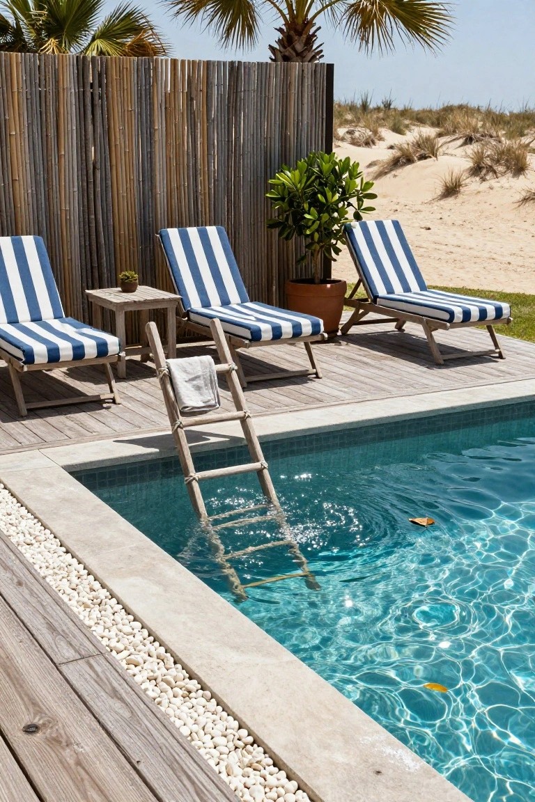Wooden ladder with a draped towel leading into a turquoise pool, next to blue and white striped lounge chairs on a deck surrounded by bamboo fencing, plants, and sand dunes.