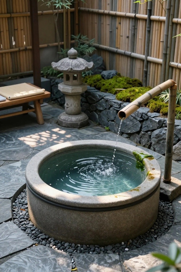 Round gray stone tub filled with clear water outdoors, with a bamboo pipe spout pouring water into it, surrounded by pebbles, rocks, moss, plants, bamboo fencing, and a stone lantern.