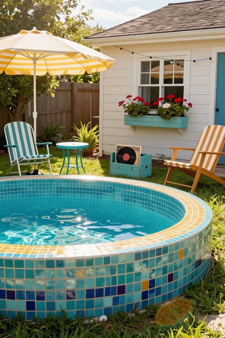 Round above-ground stock tank pool with turquoise and blue mosaic tiles and yellow edging in a grassy backyard, next to striped lounge chairs, a turquoise table, yellow umbrella, wooden crate with record, string lights, white shed with blue door and red geranium window box.