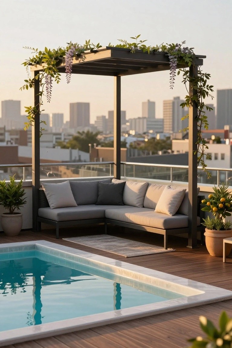Rooftop deck with turquoise plunge pool, gray L-shaped outdoor sofa under black pergola covered in purple wisteria vines, potted plants, wooden flooring, glass railing, and city skyline at sunset.
