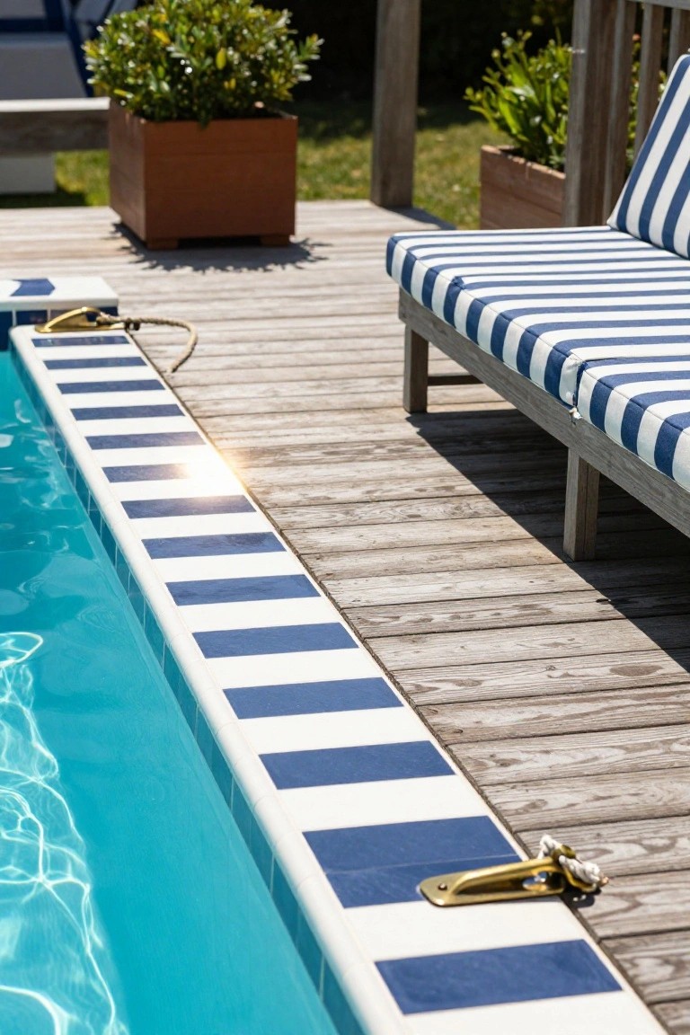 Swimming pool edge featuring blue and white striped tiles adjacent to a wooden deck, with a striped lounge chair, potted plants, and brass cleats nearby.