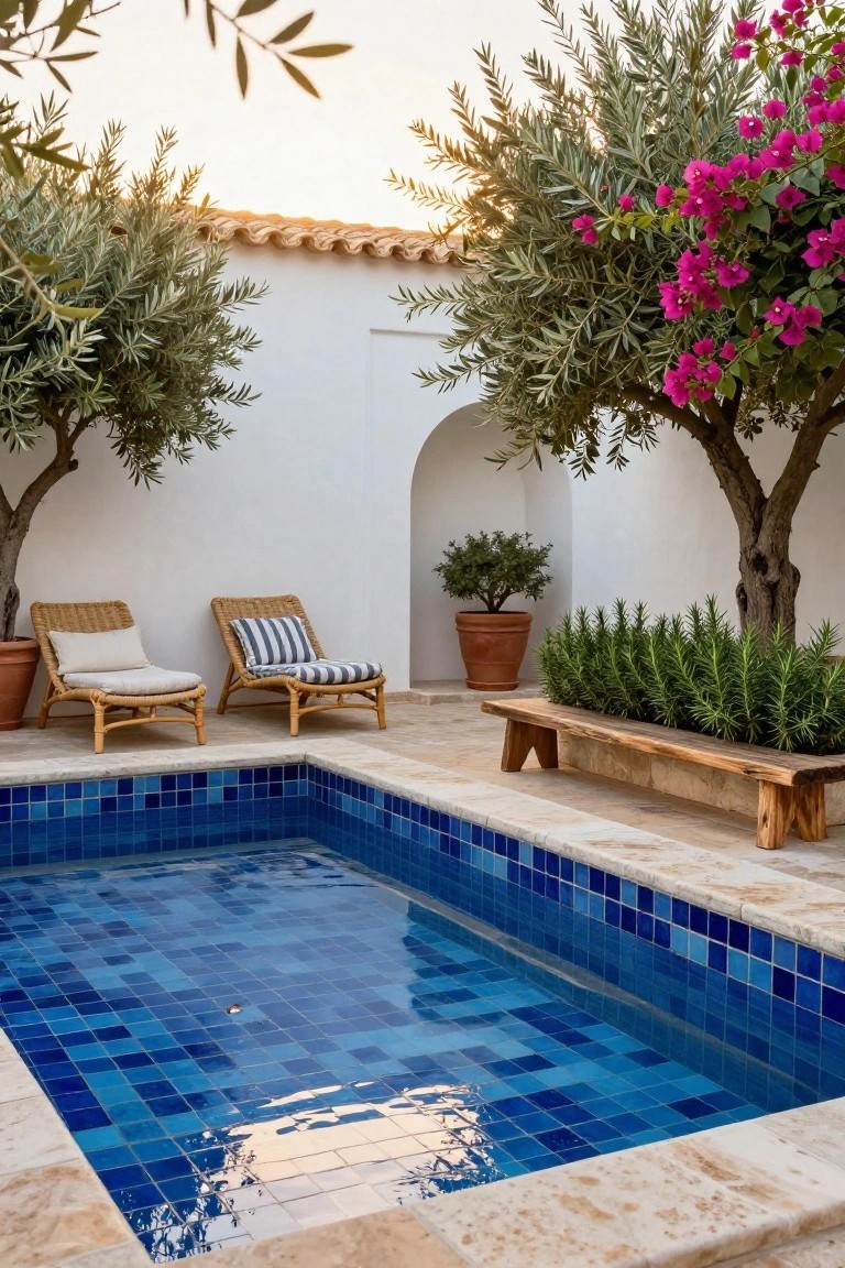 Small rectangular plunge pool lined with vibrant blue mosaic tiles, surrounded by white stucco walls, two rattan lounge chairs, potted rosemary, a wooden bench planter, olive trees, and pink bougainvillea in a terracotta-roofed courtyard at sunset.