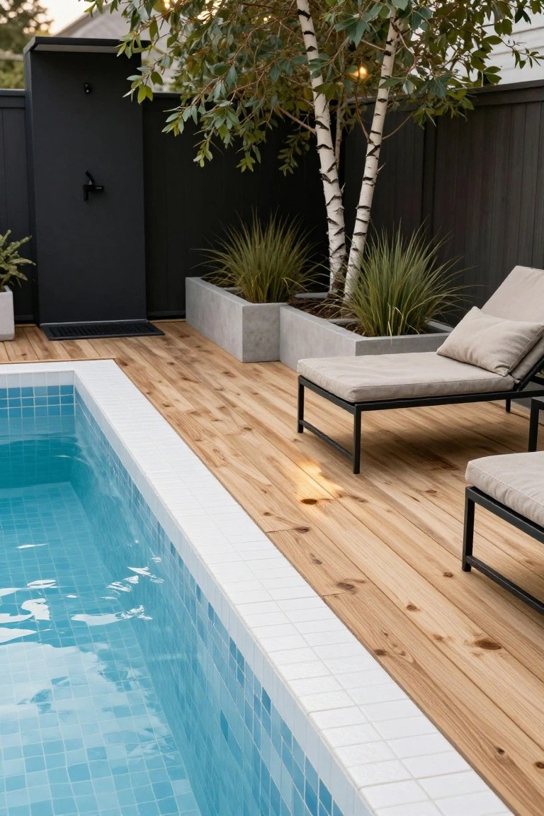 Swimming pool edge featuring blue mosaic tiles and white border tiles, adjacent wooden deck with two lounge chairs, concrete planters with grasses, birch trees, and black fence.