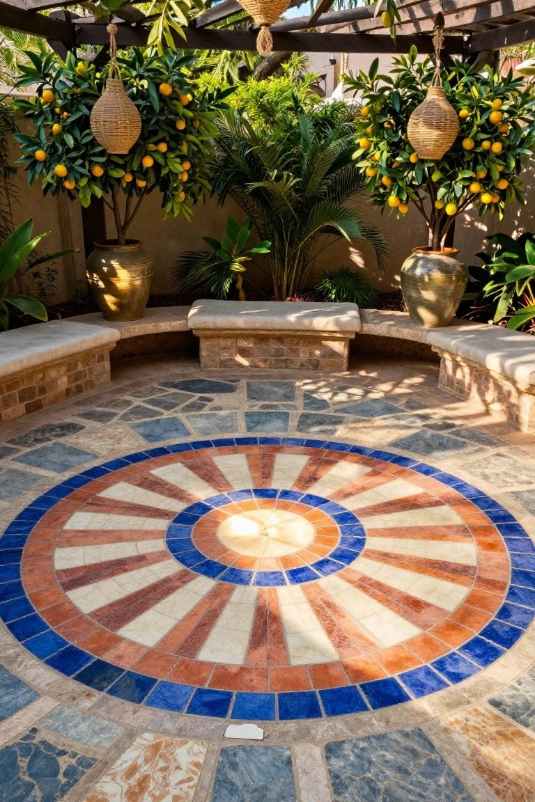 Outdoor patio under a wooden pergola with curved stone benches surrounding a large central circular floor tile design featuring blue, orange, white, and beige radial patterns, flanked by potted citrus trees and hanging wicker lanterns.