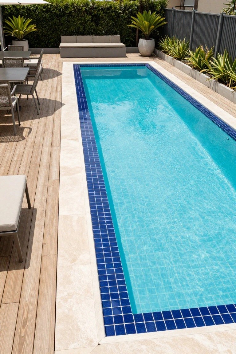 A narrow rectangular lap pool with a dark blue mosaic tile border along the edges, light beige stone coping, adjacent wooden deck with lounge chairs and dining table, potted plants, and greenery against a fence.