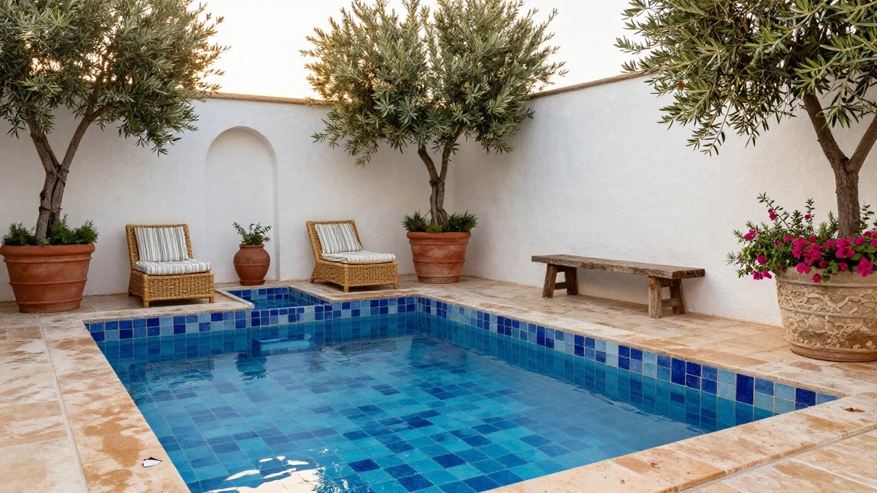 Small rectangular plunge pool lined with vibrant blue mosaic tiles, surrounded by white stucco walls, two rattan lounge chairs, potted rosemary, a wooden bench planter, olive trees, and pink bougainvillea in a terracotta-roofed courtyard at sunset.