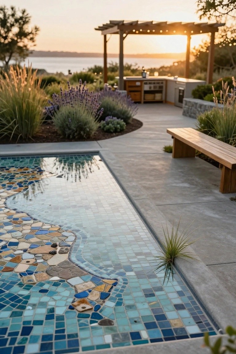 Backyard pool with irregular mosaic tile border in blues, teals, oranges, and stone pieces along the edge, wooden bench on concrete patio nearby, outdoor kitchen under pergola, grasses and lavender landscaping, sunset over water in background.