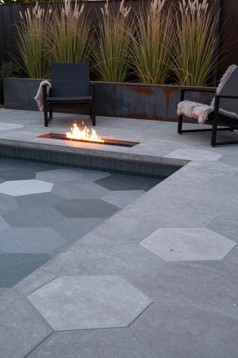 Pool edge tiled in gray hexagonal pavers in varying shades, with a linear gas fire pit built into the concrete ledge, flanked by black metal chairs with sheepskin throws and tall ornamental grasses in rusted metal planters.