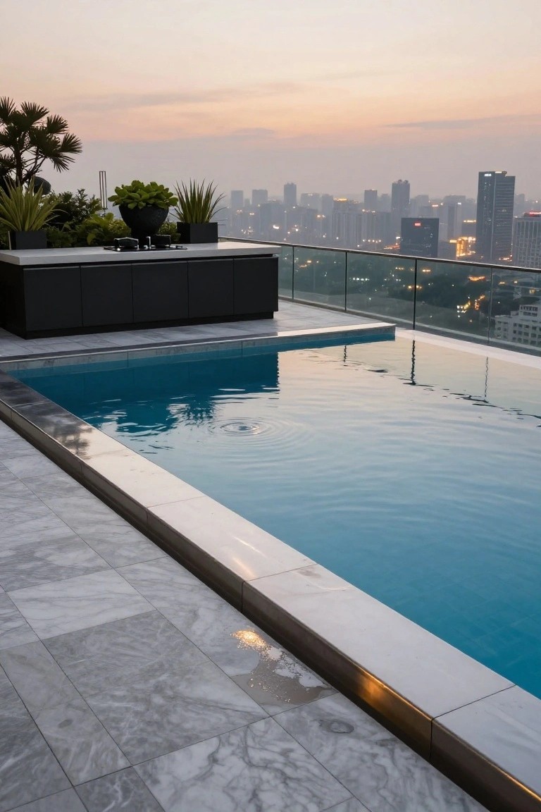 Rooftop infinity-edge swimming pool with light gray veined marble tile decking, black cabinets, potted plants, glass railing overlooking city skyline at dusk.
