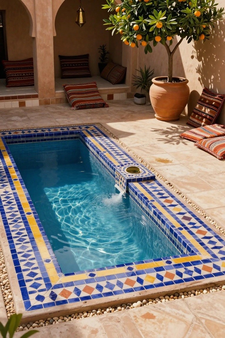 A rectangular plunge pool with intricate blue, yellow, and white geometric tile borders, set in a sunny Moroccan-style courtyard with arched seating areas, colorful cushions, a potted orange tree, and terracotta planters.