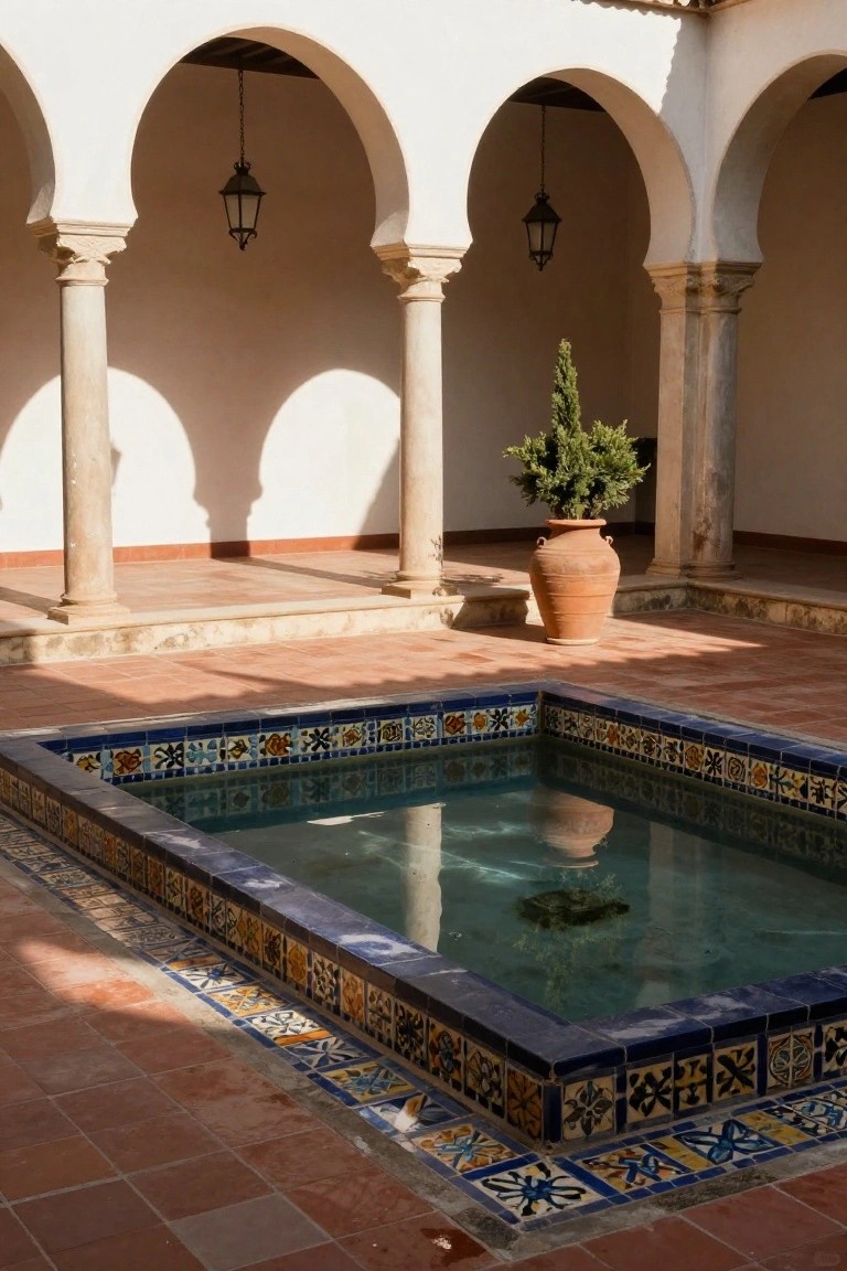 Sunlit white-stucco courtyard with arched columns, hanging lanterns, a terracotta pot holding a small conifer tree, and a rectangular pool featuring blue borders with colorful intricate tile patterns.