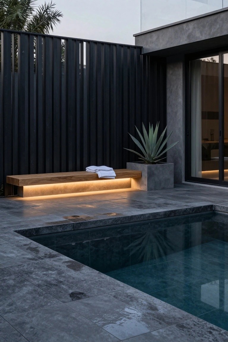 Modern outdoor pool with dark grey textured tiles on deck and interior, lit wooden bench with white towel and agave plant beside black slatted fence, glass doors on concrete house wall.