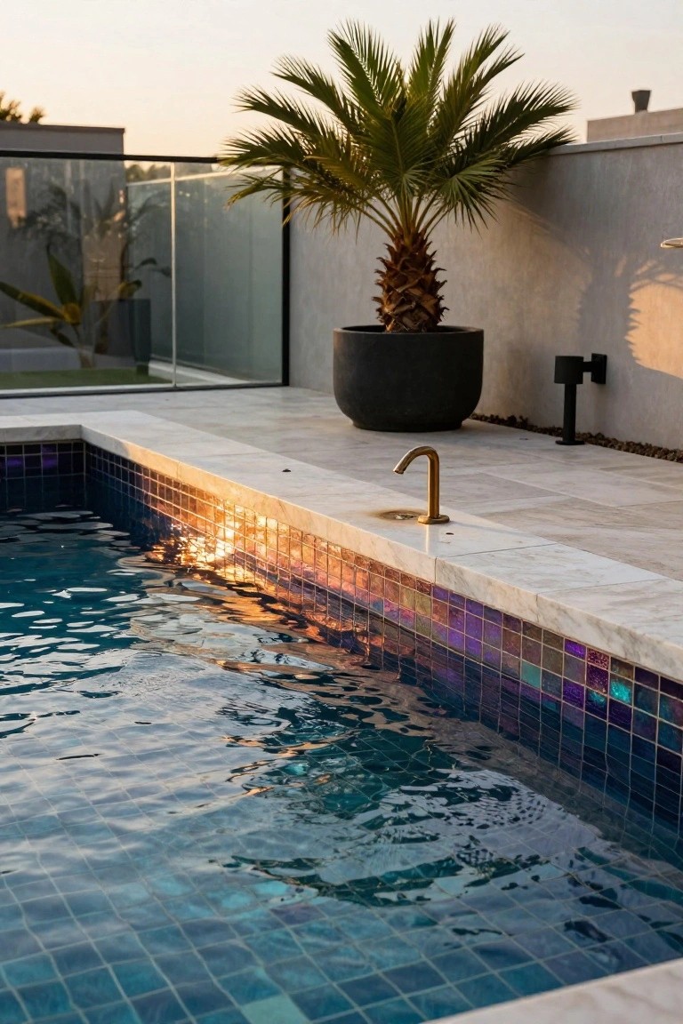 Close-up of a swimming pool edge with iridescent blue mosaic tiles reflecting sunset light in gold and purple hues, a curved gold faucet on white marble decking, black potted palm tree nearby, and glass railing in the background.