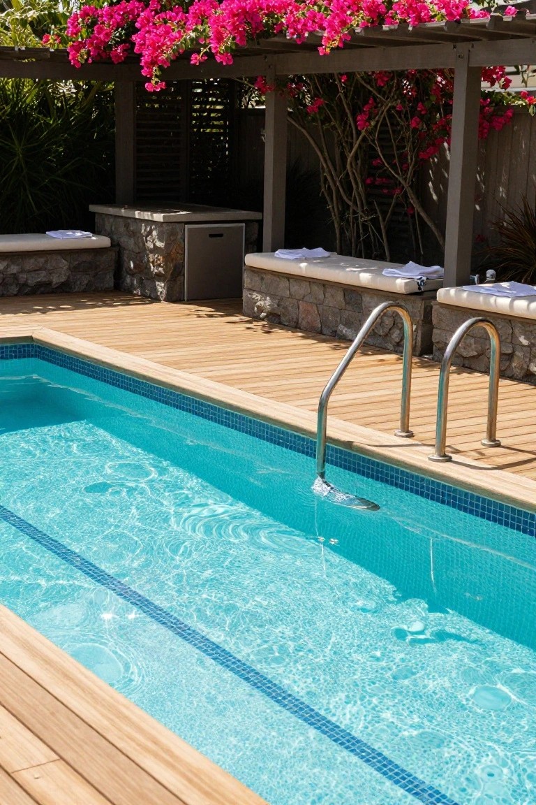 Rectangular lap pool lined with small blue mosaic tiles and a dark lane stripe, edged by wooden deck with stainless steel ladders, stone benches with white towels, and pink bougainvillea on a pergola structure.