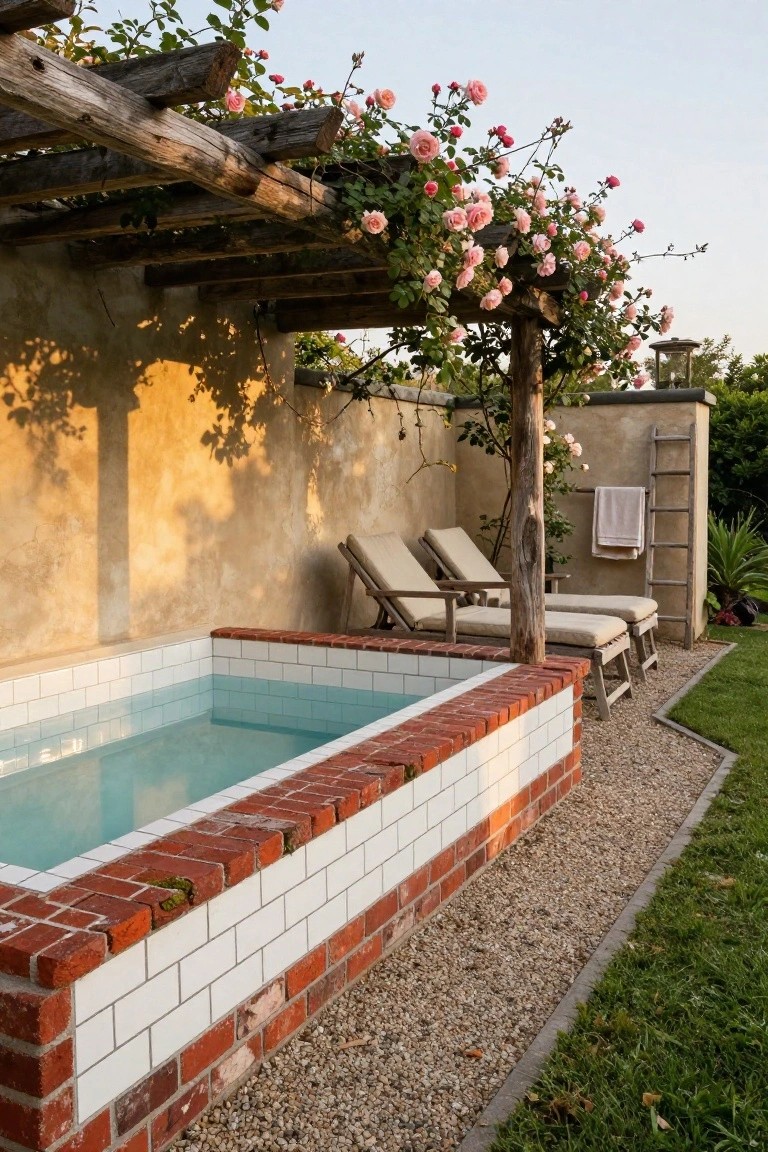 Small rectangular turquoise pool with white subway tile interior and red brick raised border, next to wooden lounge chairs under a pergola covered in pink roses, beside a beige stucco wall with a ladder and towels.