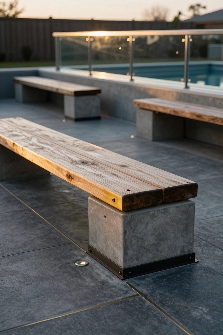 A long wooden bench with weathered slats rests on a square gray concrete base and black metal bracket on a dark gray tiled pool deck, with a pool and glass railing visible in the background at sunset.
