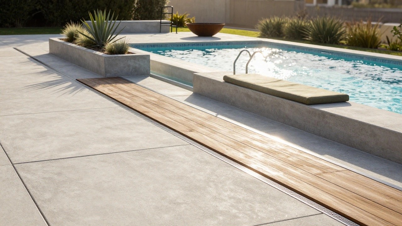 Light gray concrete pool deck bordering a turquoise swimming pool, with stainless steel edging, wooden inserts in the concrete, raised concrete planters containing agave plants, a green cushioned bench, and a black metal ladder.