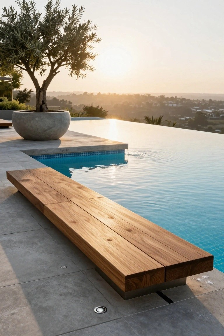 Gray concrete pool deck extending to an infinity pool edge with turquoise water, wooden bench alongside, large concrete planter holding an olive tree, and distant hillside view at sunset.