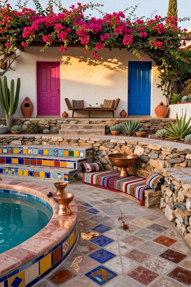 Sloped pool patio with stone retaining walls, wide multicolored ceramic tiled steps leading to a curved turquoise pool edged in terracotta, colorful woven cushions and copper vessels on the lower landing, bougainvillea vines over a white adobe building with pink and blue doors, wooden bench, potted cacti and succulents.