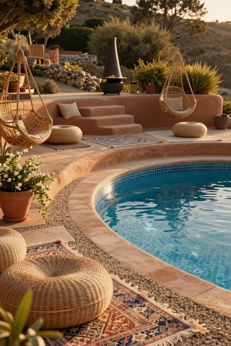 Curved terracotta retaining wall with steps beside a blue mosaic-tiled pool on a sloped yard, featuring woven hanging chairs, poufs, rugs, potted plants, and gravel edging.