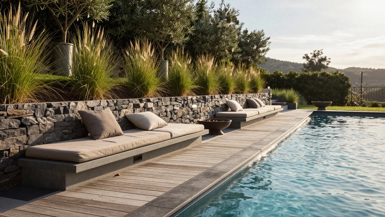 Sloped pool patio with stone retaining wall integrated into low concrete benches along the pool edge, potted pampas grass plants, wood fire pit, and tiled deck overlooking hills and olive trees.