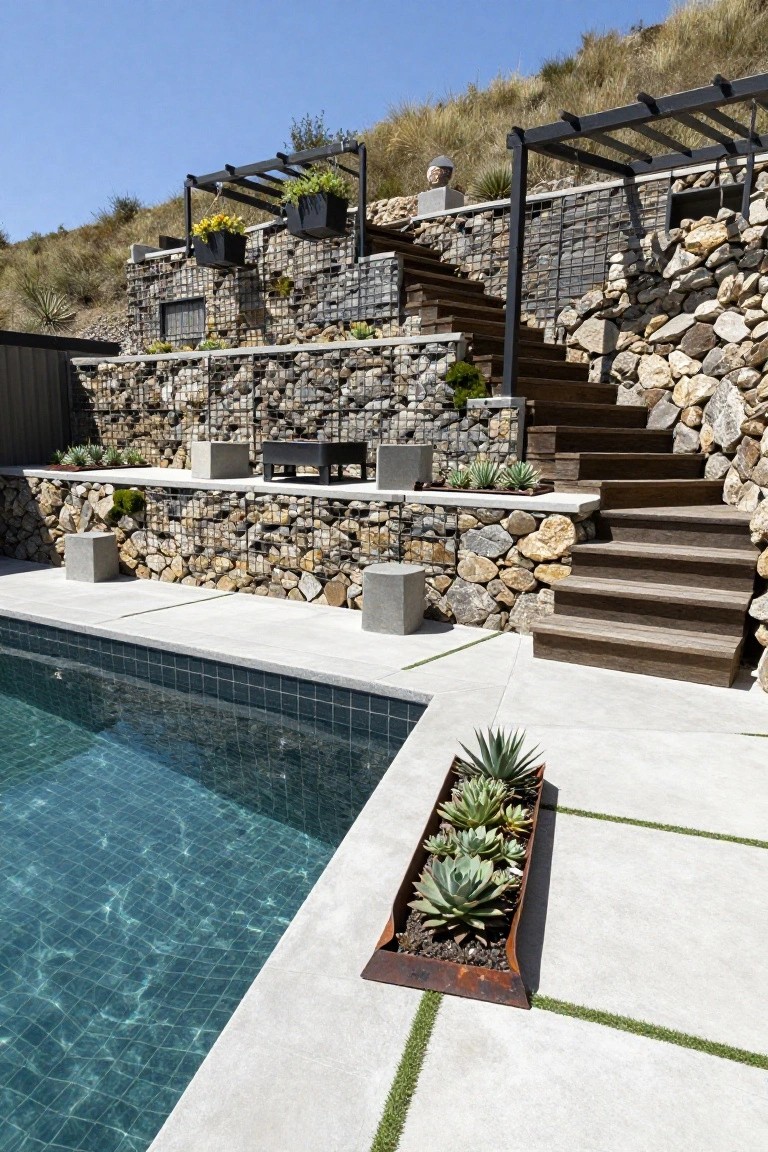 Pool patio on a sloped yard with gabion retaining walls filled with rocks, wooden stairs leading up the hill, concrete blocks, succulents in planters, and a rectangular pool with blue-green tiles.