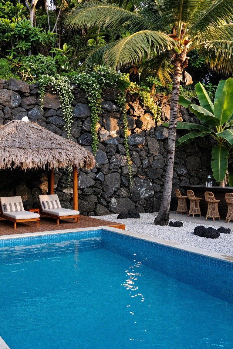 A rectangular blue pool next to a wooden deck with two beige loungers under a thatched cabana, adjacent to a tall black lava rock retaining wall covered in green vines and white flowers, with tropical plants, palm trees, and rattan bar stools at a wood bar.
